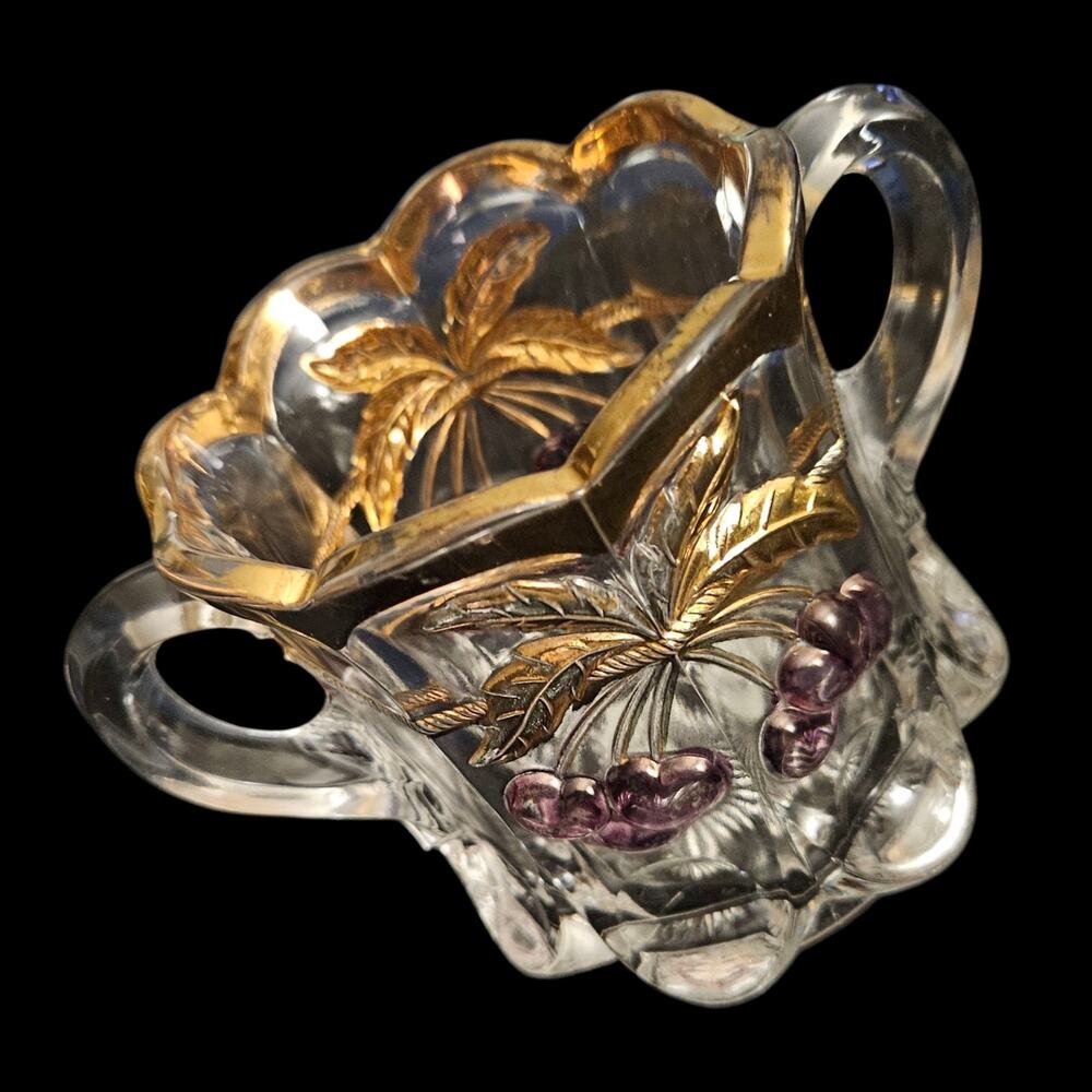 Northwood Cherry Cable Double Handle Sugar Bowl Gold Gilt Pressed Glass